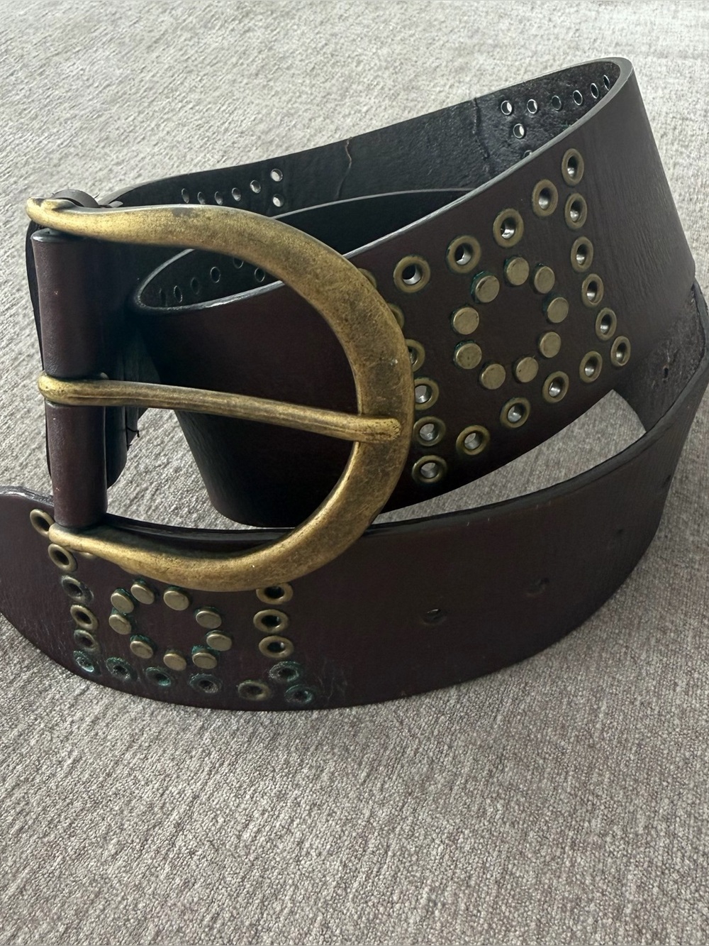 Vintage Express Brown Leather Wide Studded Grommets Gold Brass Belt Boho Y2K